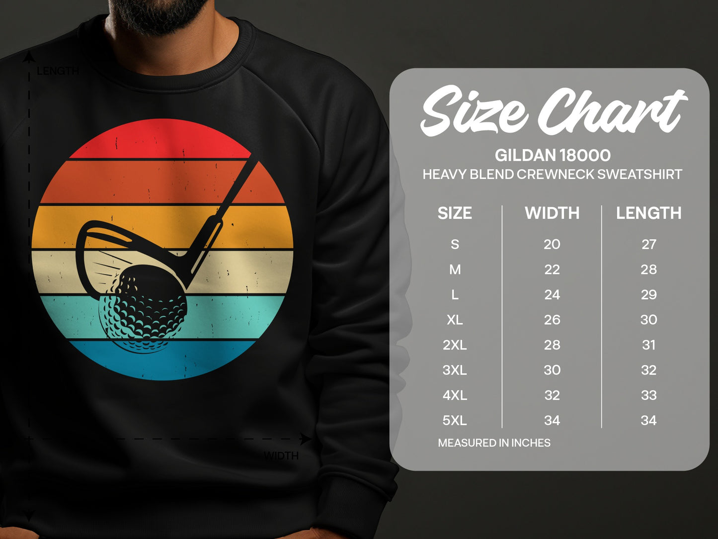 Gildan 18000 sweatshirt size chart with width and length measurements.