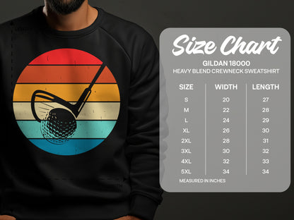 Gildan 18000 sweatshirt size chart with width and length measurements.