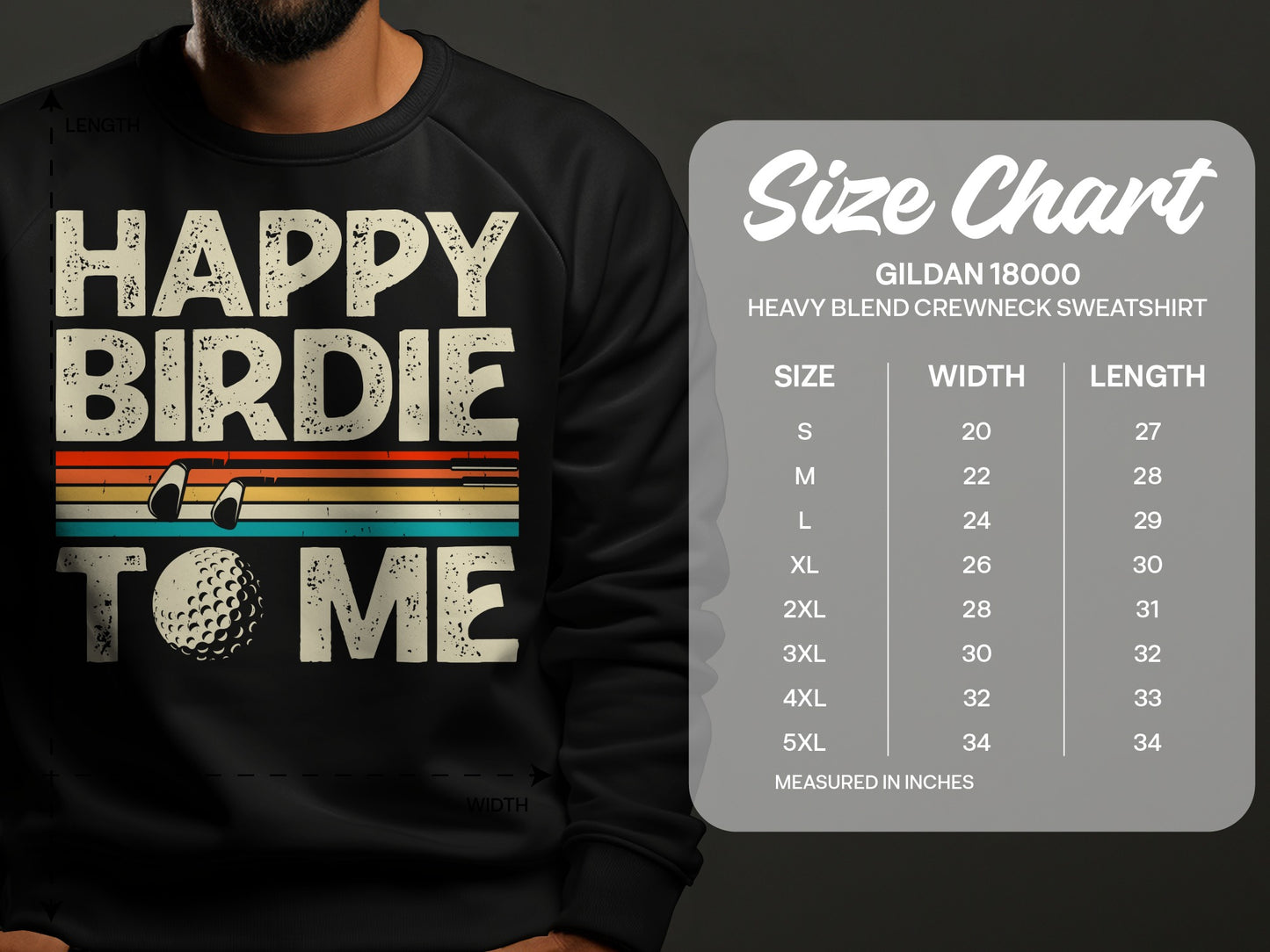 Sweatshirt with "Happy Birdie To Me" text and golf ball graphic.
