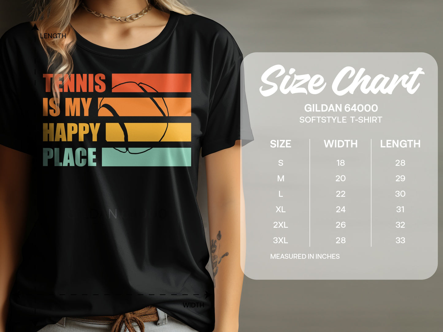 T-shirt with "Tennis Is My Happy Place" graphic and a size chart.