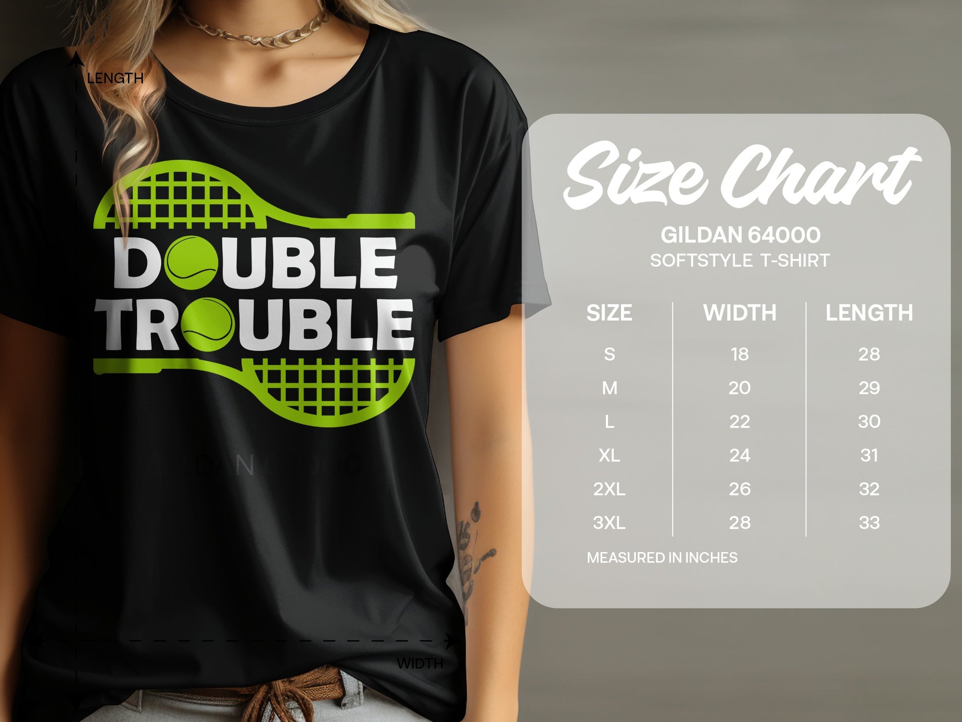 Gildan 64000 softstyle t-shirt size chart with measurements for double trouble graphic.