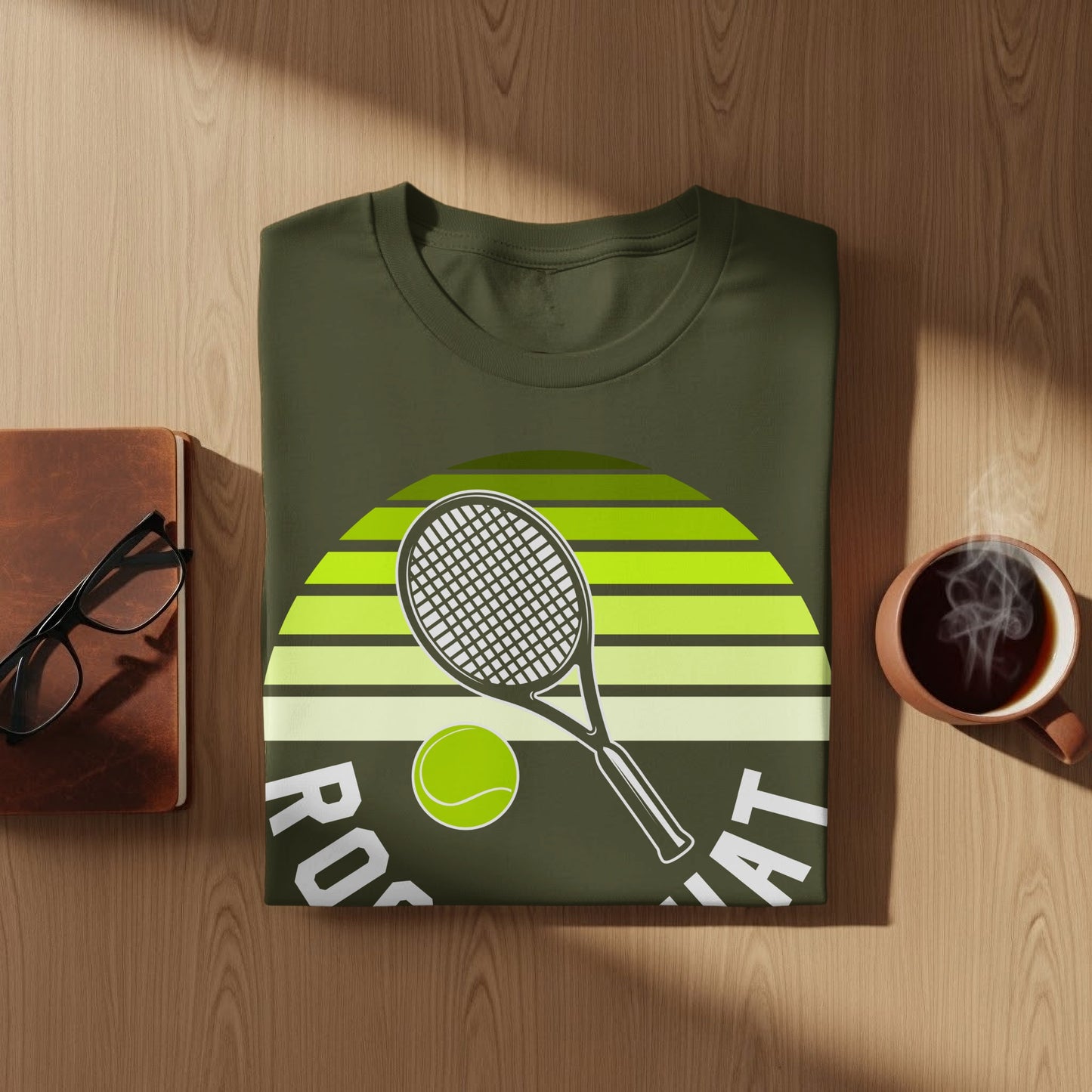 Olive t-shirt with tennis racket, ball, and "ROUGH" text within a striped circle.