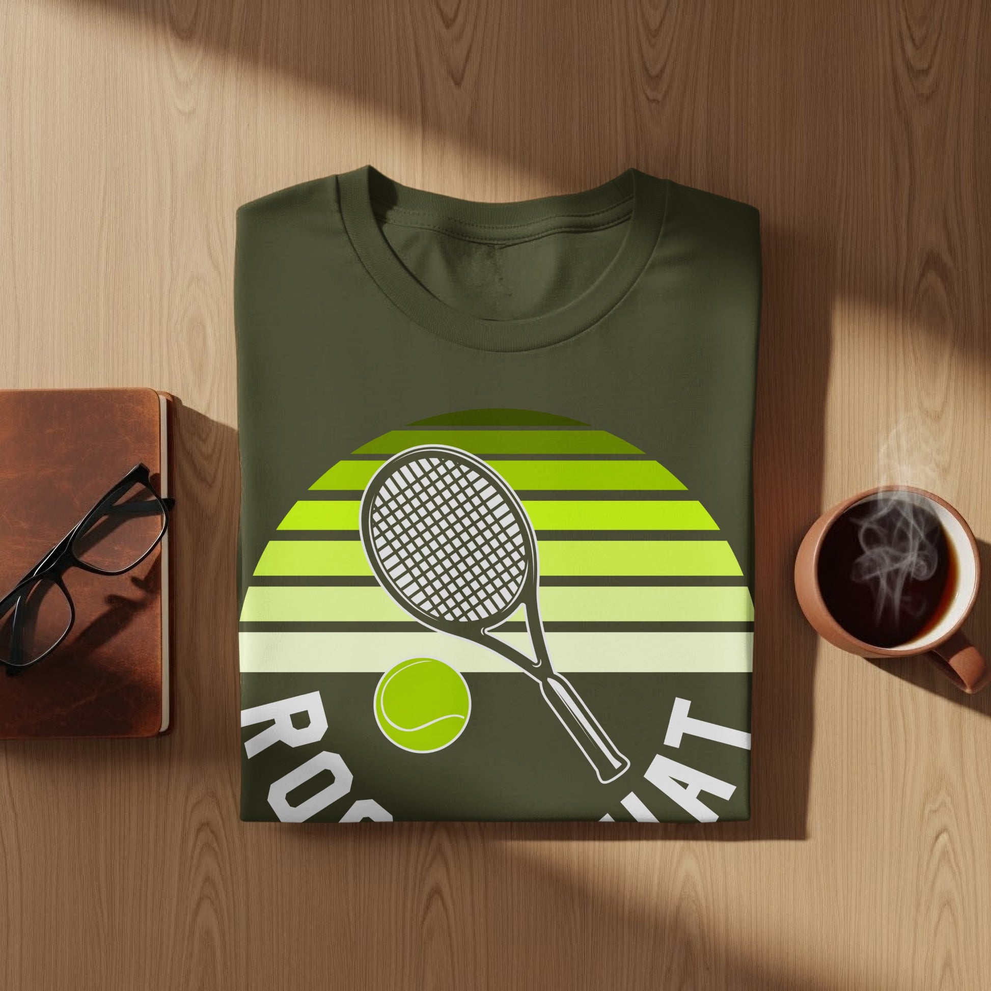 Olive t-shirt with tennis racket, ball, and "ROUGH" text within a striped circle.