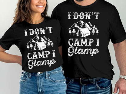 Two people wearing black t-shirts with "I Don't Camp I Glamp" and tent graphic.