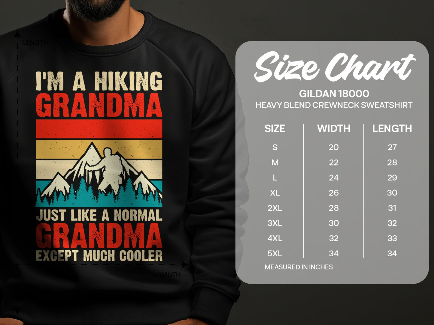 Black sweatshirt with "I'm a hiking Grandma except much cooler" and size chart.