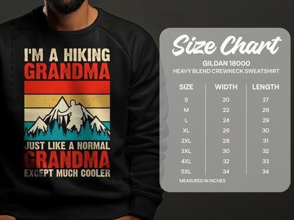 Black sweatshirt with "I'm a hiking Grandma except much cooler" and size chart.