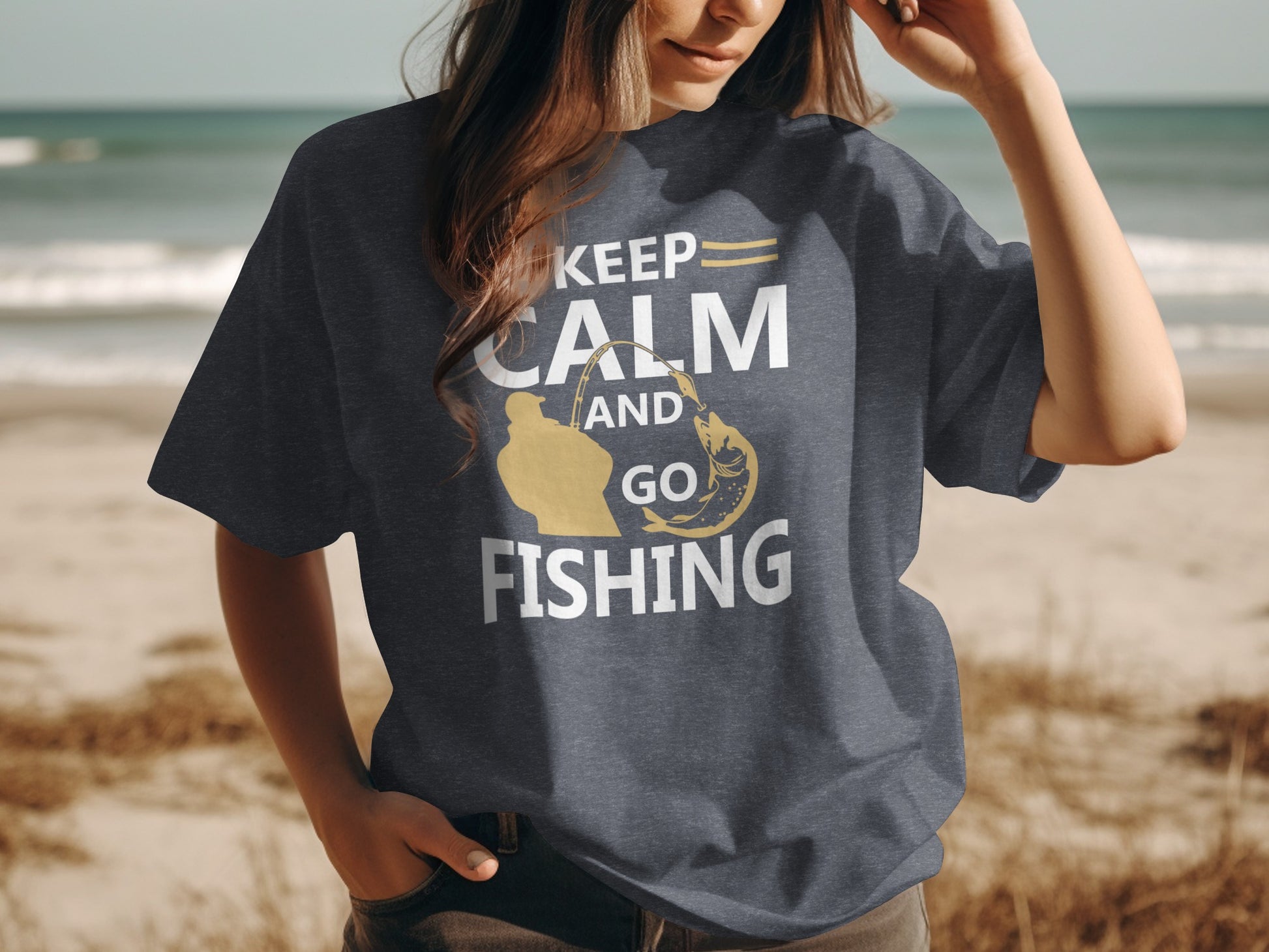 Dark gray t-shirt with "KEEP CALM and GO FISHING" text and fishing graphic.