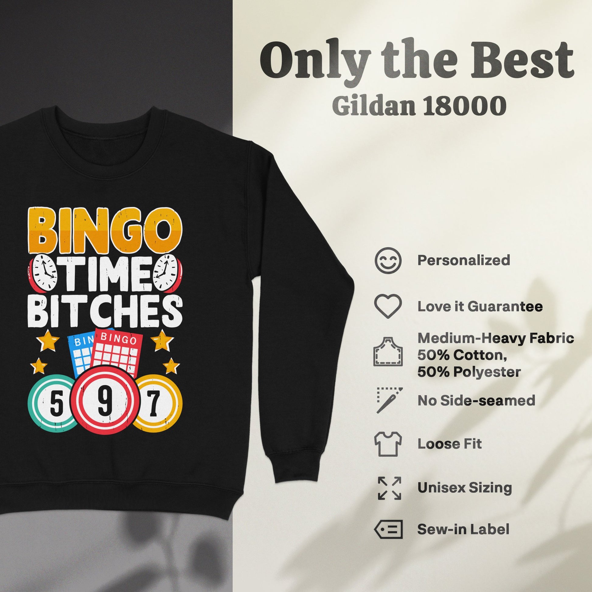 Black sweatshirt with "BINGO TIME BITCHES" graphic and Gildan 18000 details.