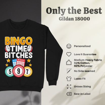 Black sweatshirt with "BINGO TIME BITCHES" graphic and Gildan 18000 details.