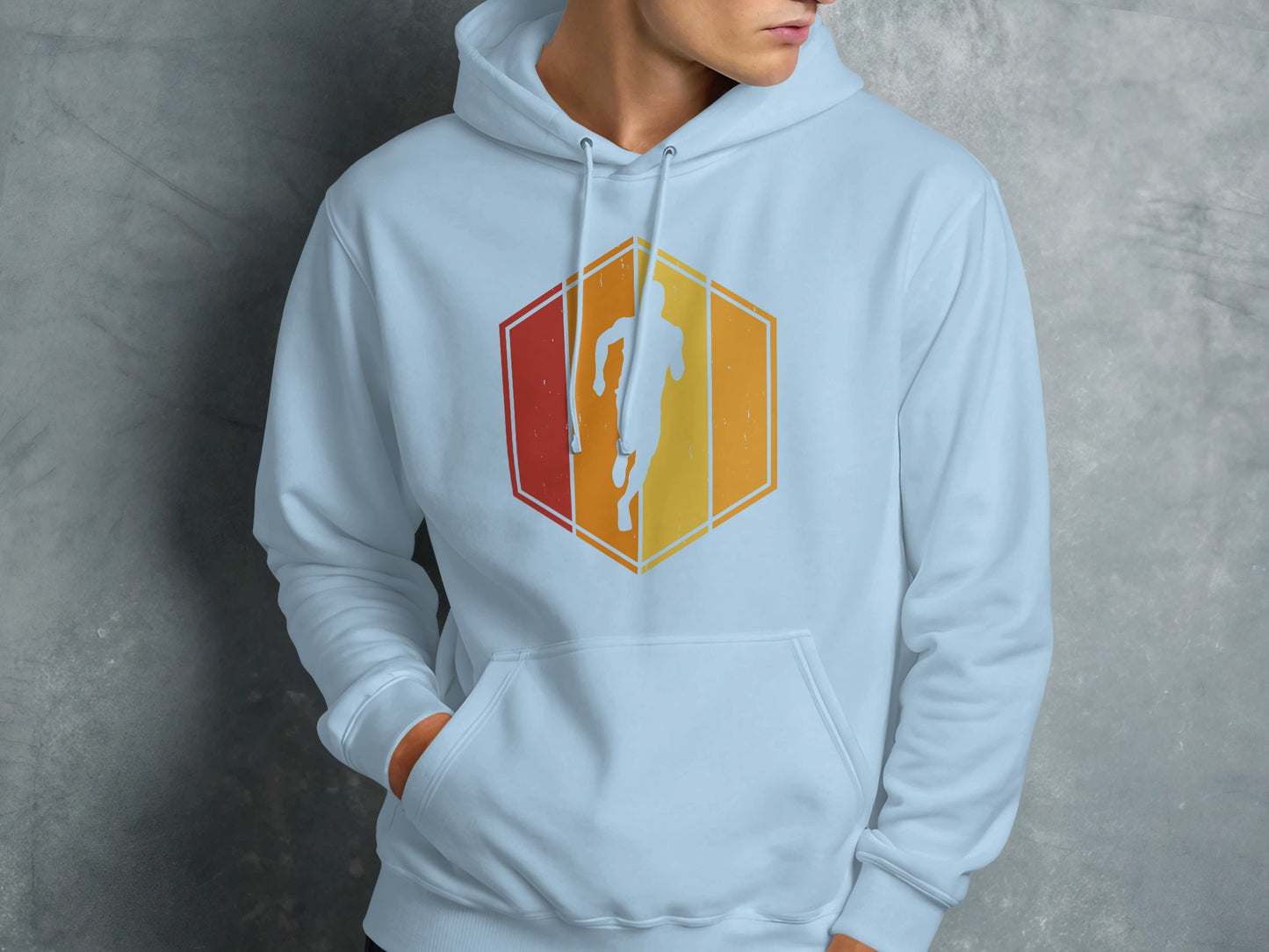 Light blue hoodie with a colorful hexagon graphic featuring a runner silhouette.