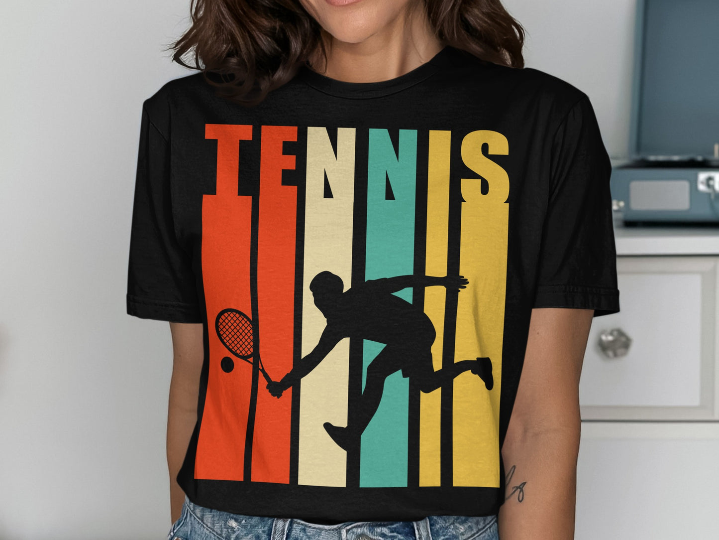 Black t-shirt with retro striped "TENNIS" text and tennis player graphic.