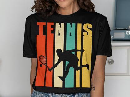 Black t-shirt with retro striped "TENNIS" text and tennis player graphic.