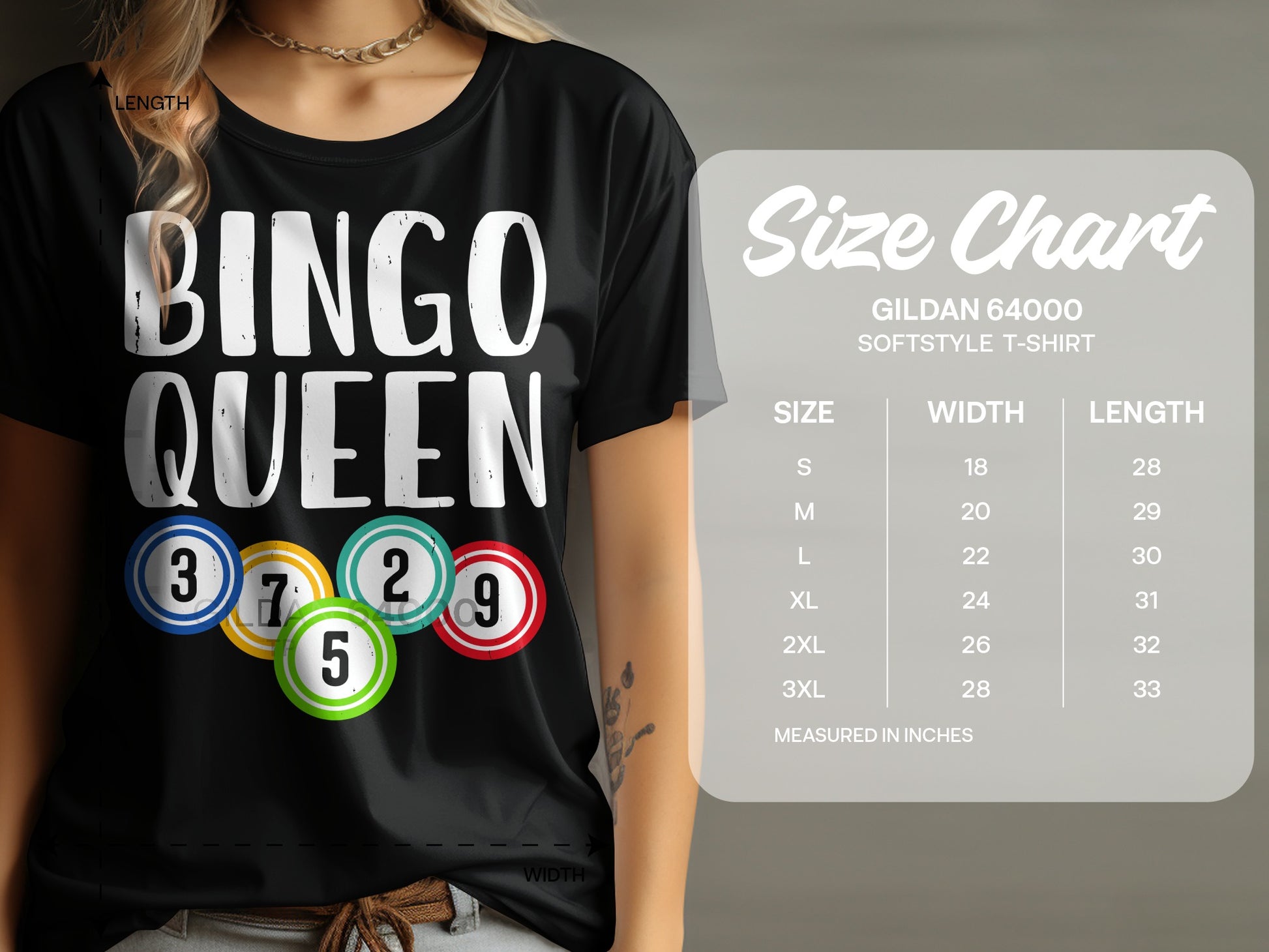 Black t-shirt with "BINGO QUEEN" and bingo balls with numbers. Includes size chart.