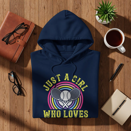 Navy hoodie with "JUST A GIRL WHO LOVES TENNIS" graphic and rainbow stripes.