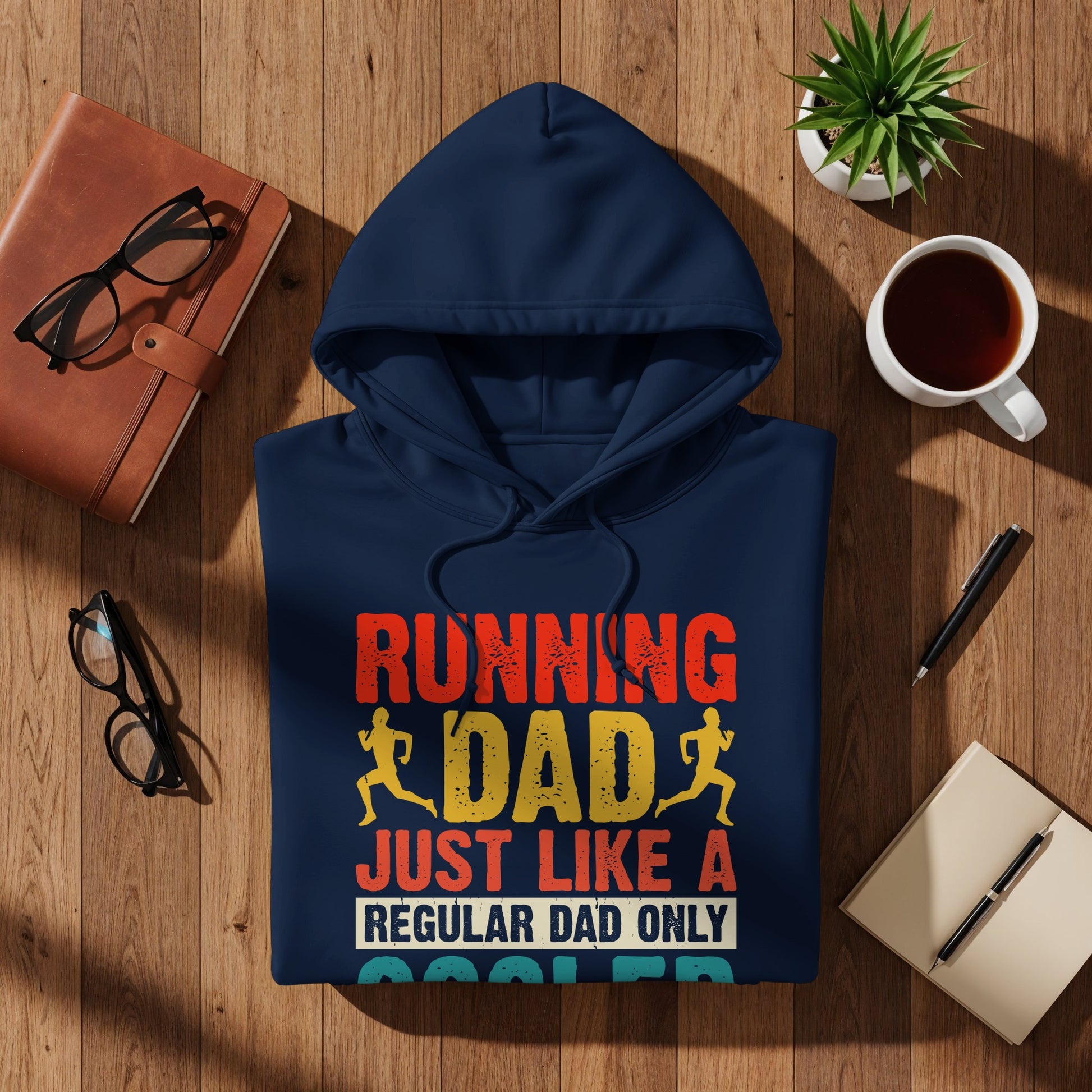 Navy hoodie with "Running Dad" graphic, showing a dad running.