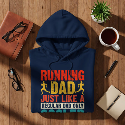 Navy hoodie with "Running Dad" graphic, showing a dad running.