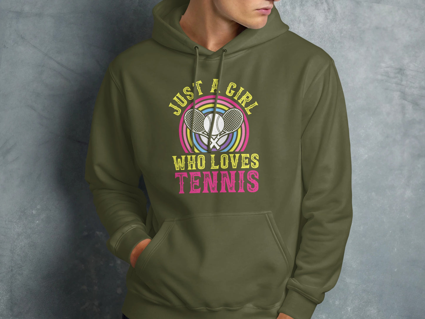 Olive green hoodie with "Just a girl who loves tennis" and tennis rackets.