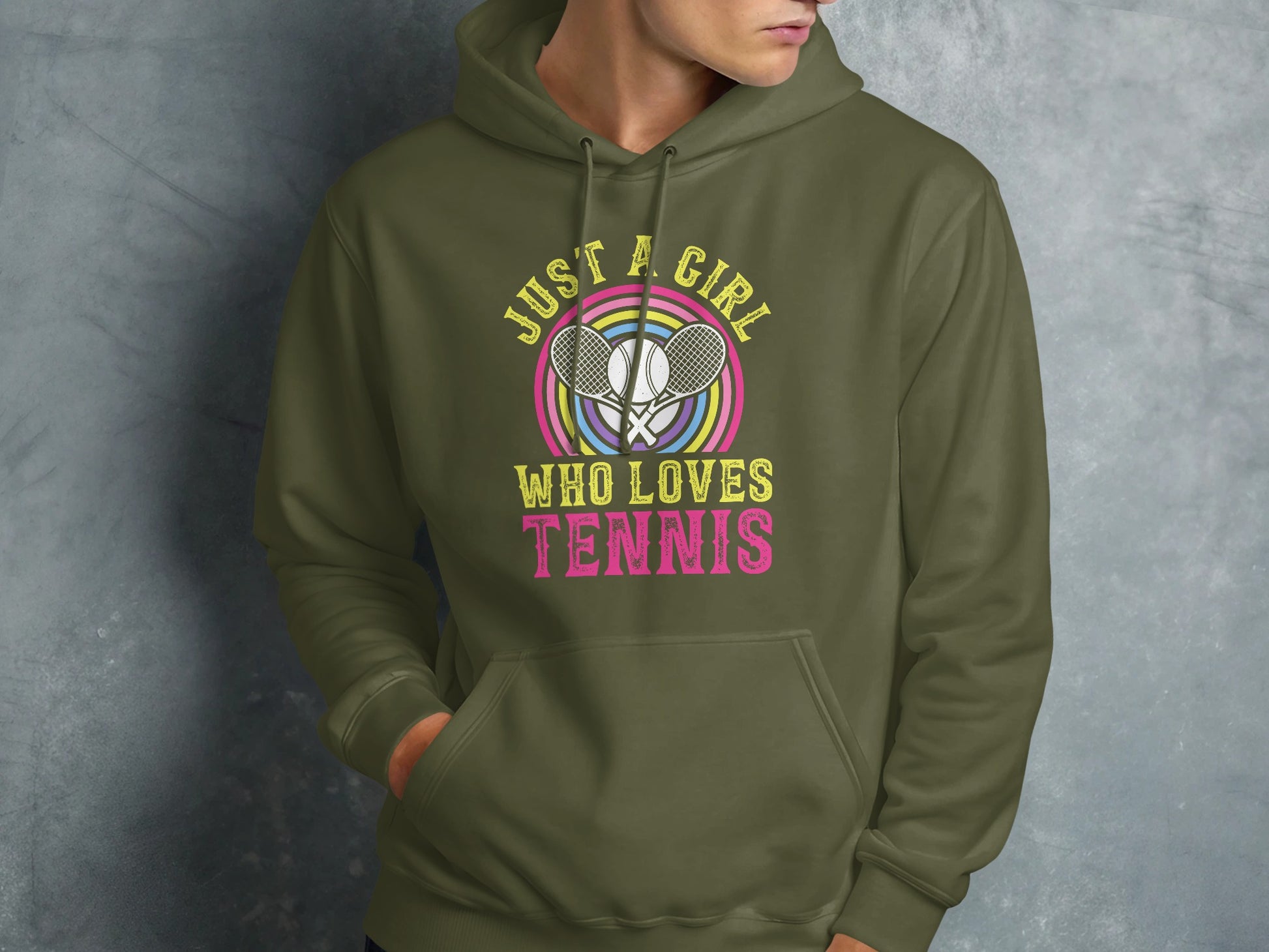 Olive green hoodie with "Just a girl who loves tennis" and tennis rackets.