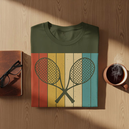 Olive green t-shirt with crossed vintage tennis rackets on striped background.