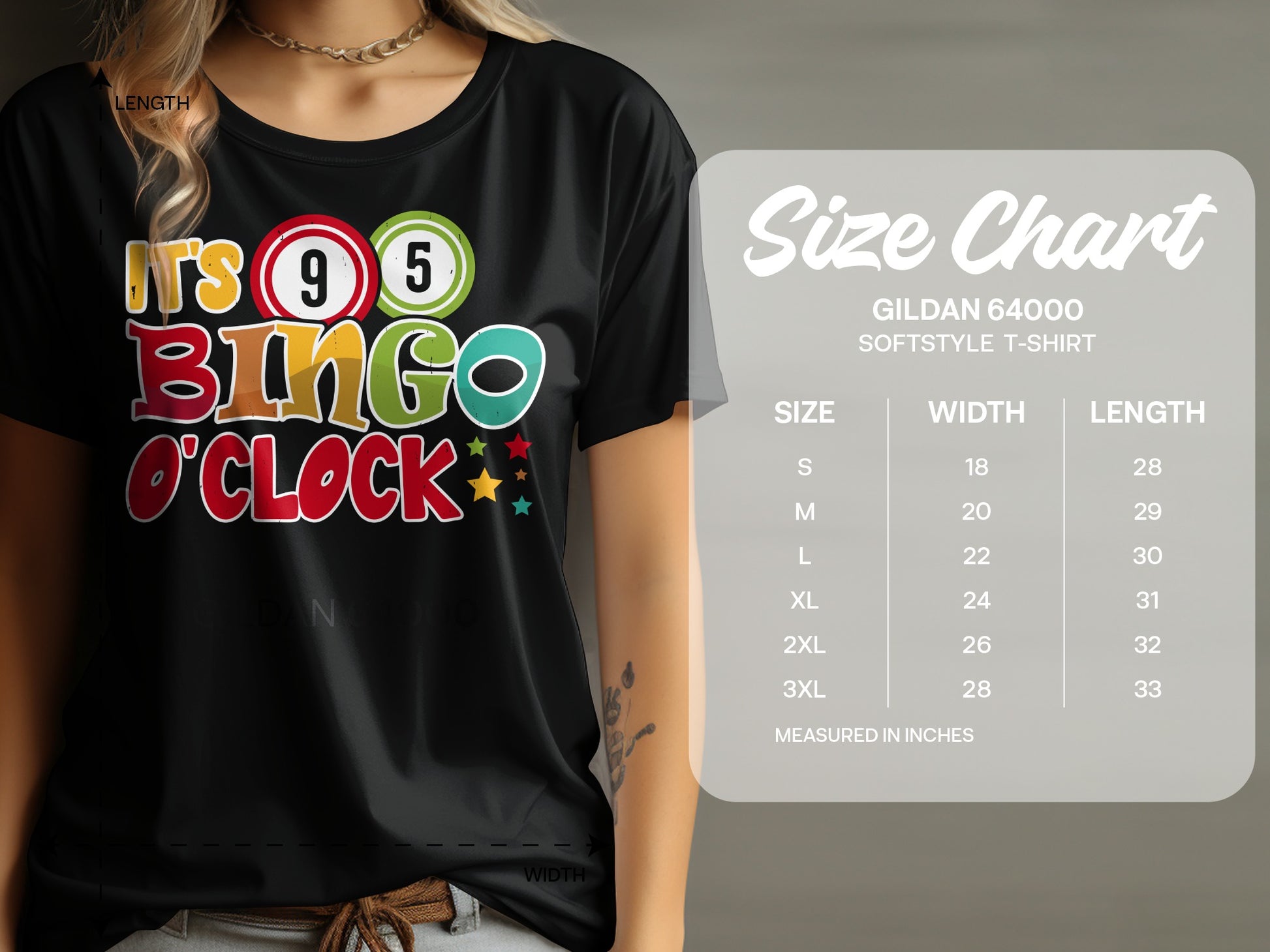 Black t-shirt with "It's Bingo O'Clock" graphic and size chart.
