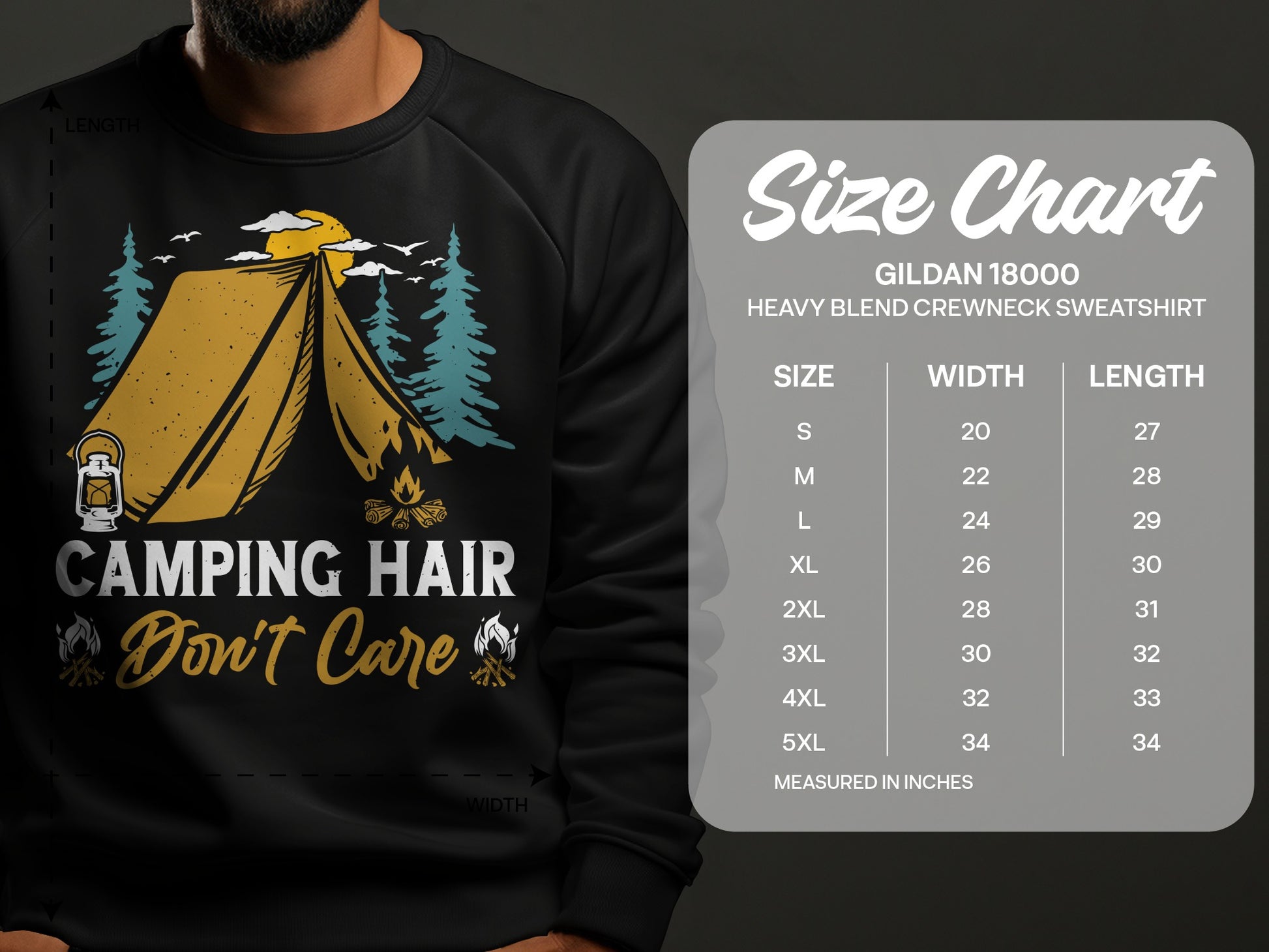 Sweatshirt with camping graphic and size chart for Gildan 18000 crewneck.