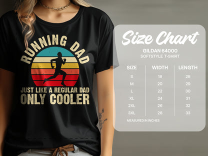 Running Dad graphic tee with size chart for Gildan 64000 softstyle t-shirt.