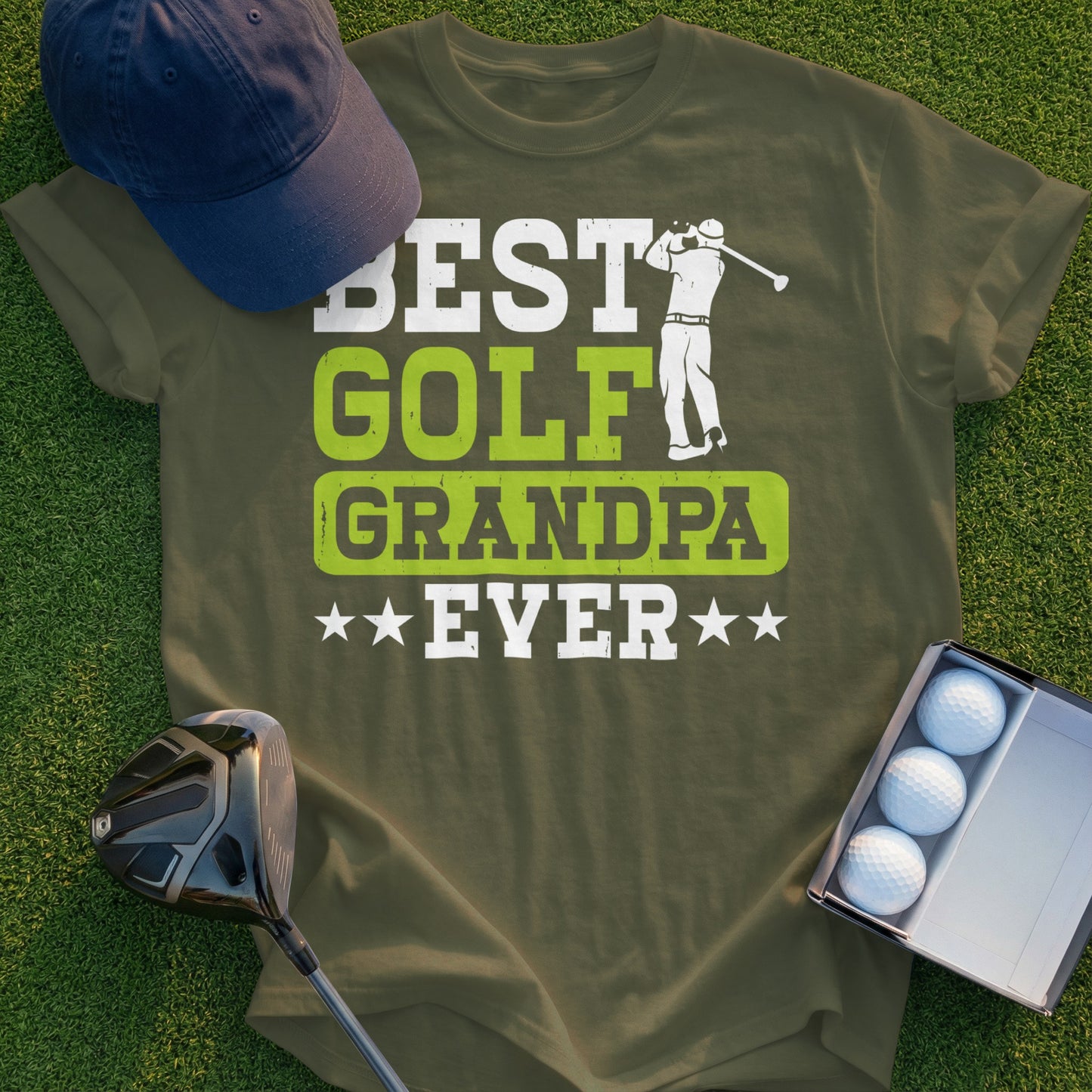 Olive green t-shirt with "BEST GOLF GRANDPA EVER" and golfer graphic.