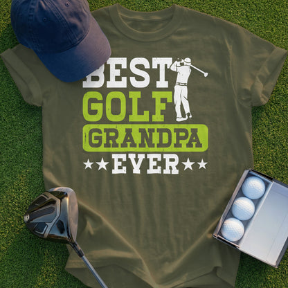 Olive green t-shirt with "BEST GOLF GRANDPA EVER" and golfer graphic.