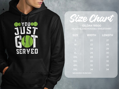Hooded sweatshirt with "You Just Got Served" graphic and size chart.