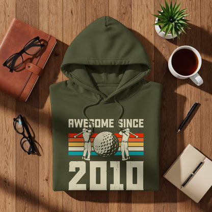 Olive green hoodie with "Awesome Since 2010" and golf graphic.