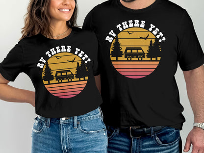Black t-shirts with "RV THERE YET?" text and sunset graphic.