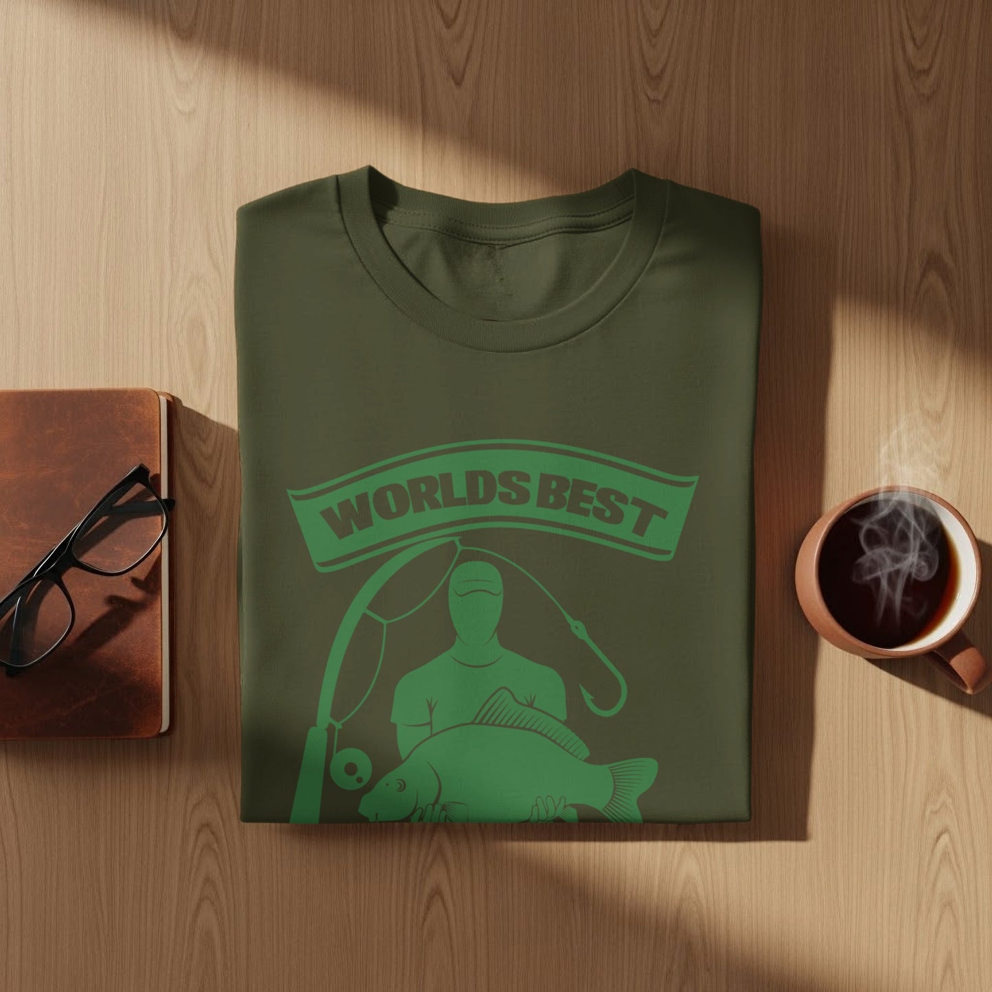 Green t-shirt with "Worlds Best" text and fishing graphic.