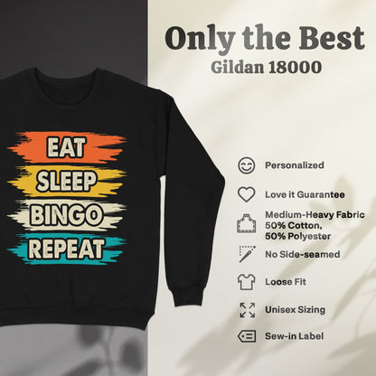 Black sweatshirt with "Eat Sleep Bingo Repeat" text in colorful stripes.