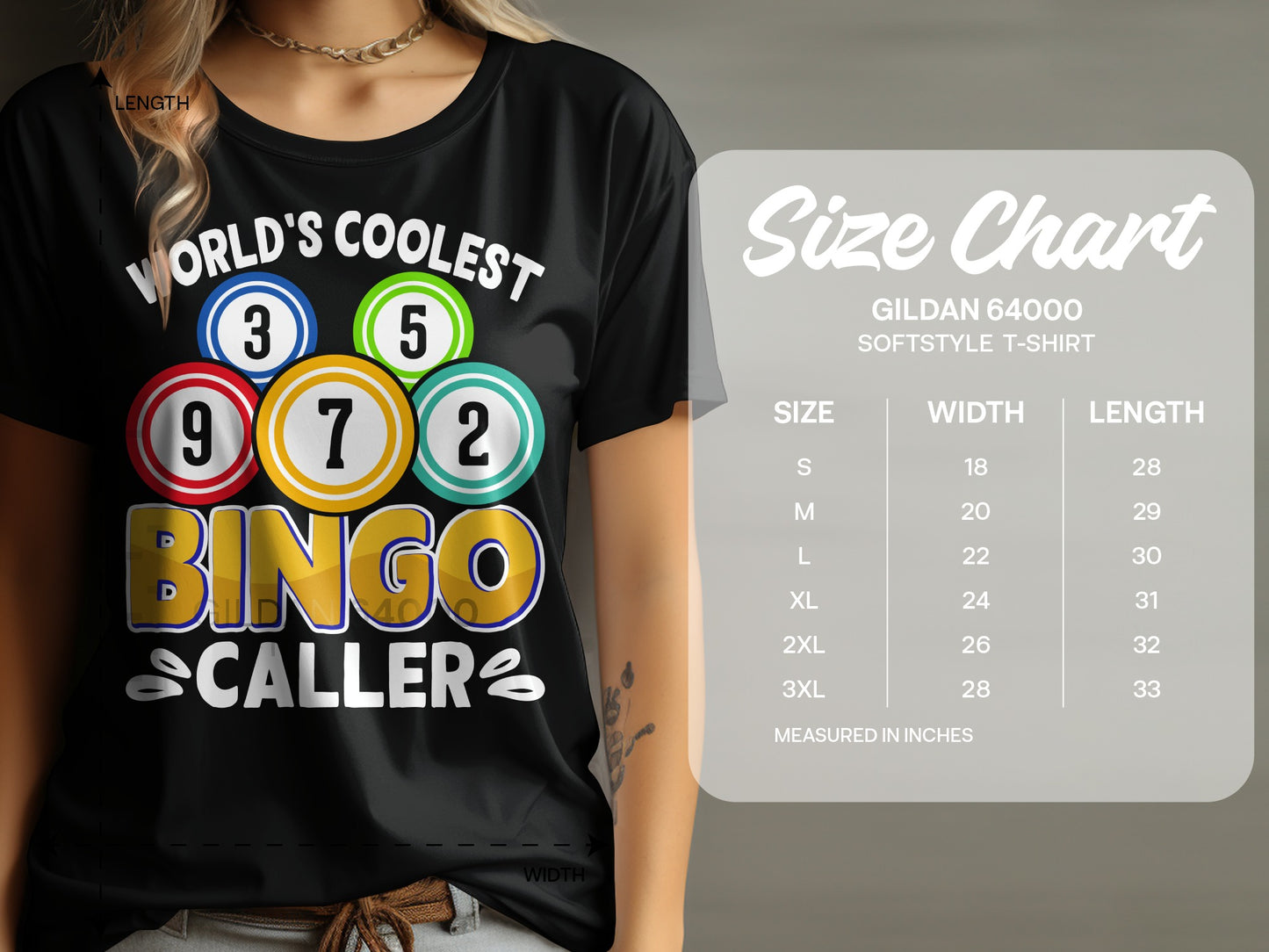 T-shirt with "World's Coolest Bingo Caller" text and bingo balls; size chart included.