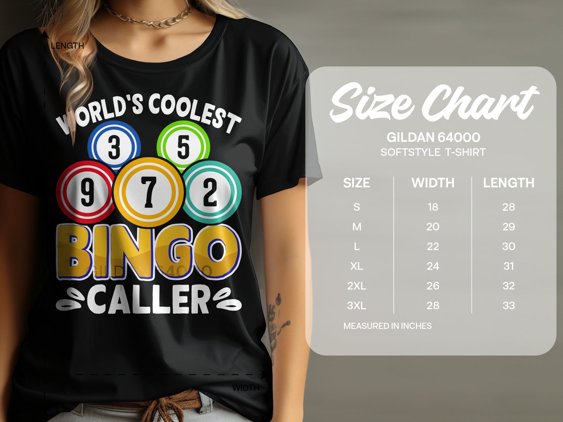 T-shirt with "World's Coolest Bingo Caller" text and bingo balls; size chart included.