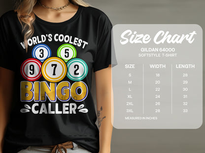 T-shirt with "World's Coolest Bingo Caller" text and bingo balls; size chart included.