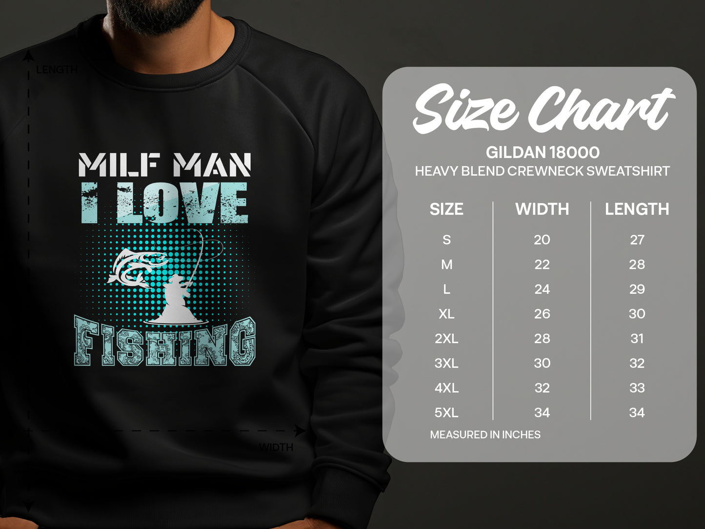 Milf Man I Love Fishing graphic on black sweatshirt with size chart.