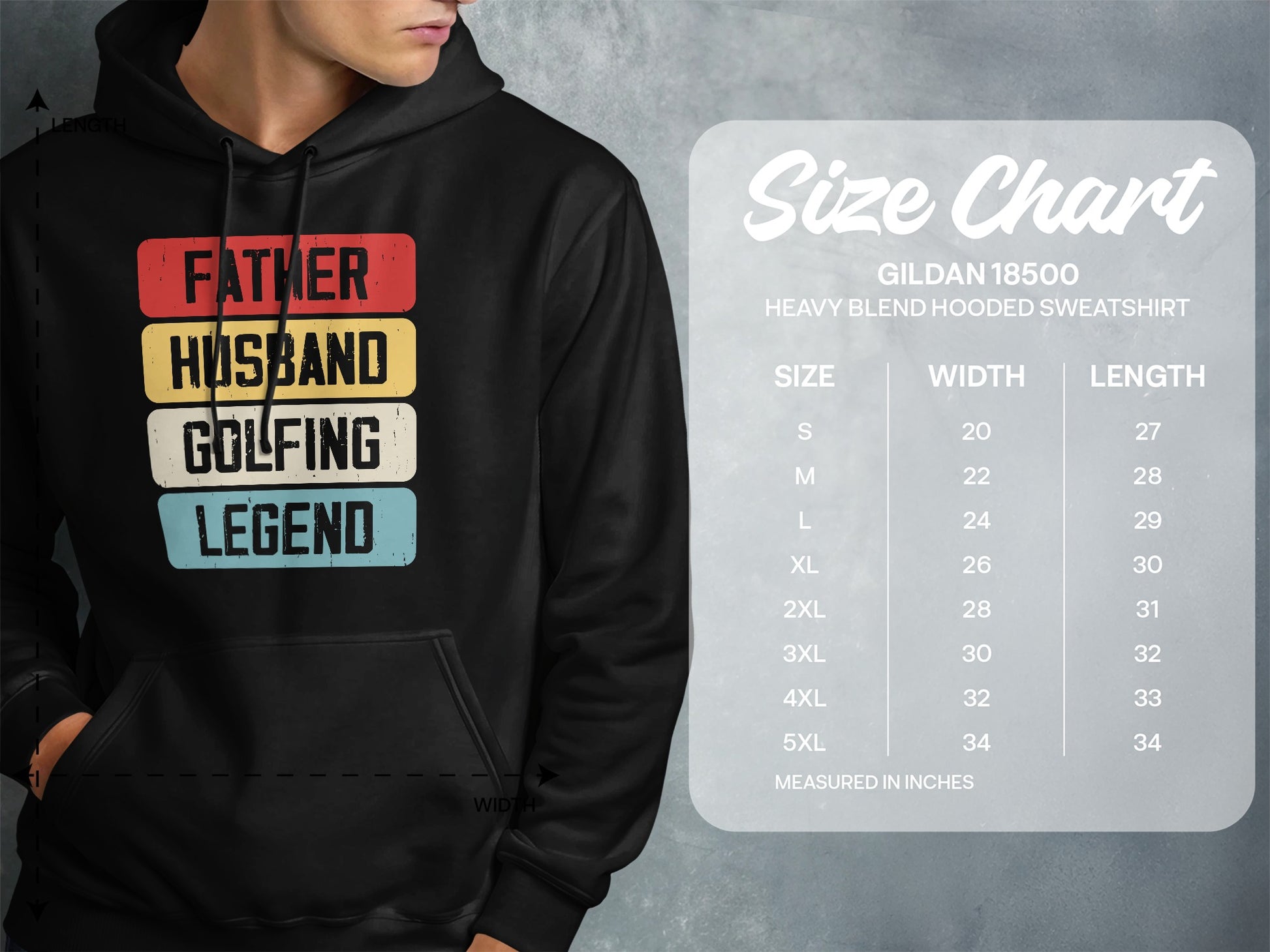 Hoodie with "Father Husband Golfing Legend" graphic and size chart.