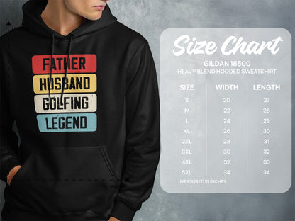 Hoodie with "Father Husband Golfing Legend" graphic and size chart.