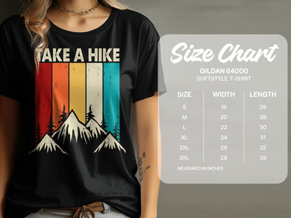 Black t-shirt with "TAKE A HIKE" graphic and mountain landscape, alongside a size chart.