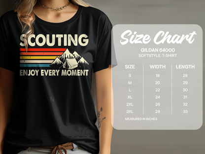 Black t-shirt with "SCOUTING ENJOY EVERY MOMENT" and mountain graphic.