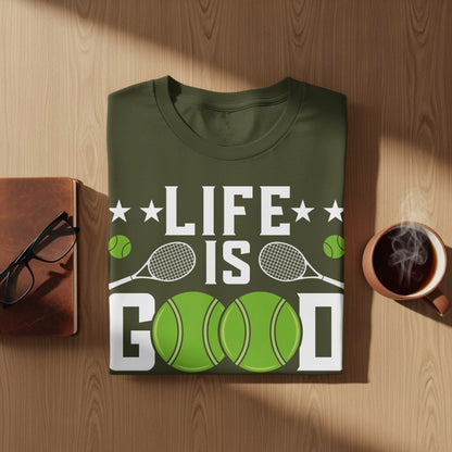 Olive green t-shirt with "LIFE IS GOOD" text and tennis balls.