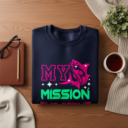 Navy sweatshirt with "MY MISSION" text and fish graphic.