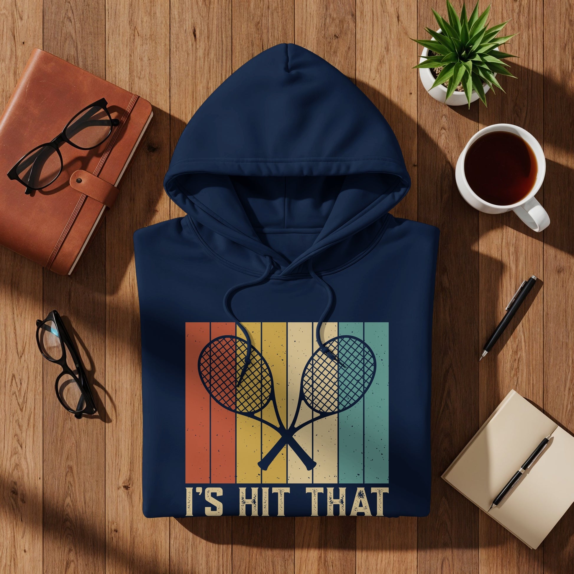 Navy hoodie with vintage tennis rackets and "I'S HIT THAT" text.