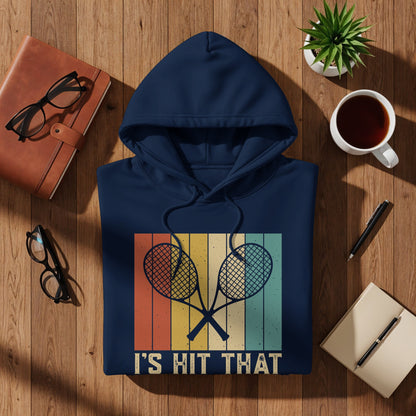 Navy hoodie with vintage tennis rackets and "I'S HIT THAT" text.