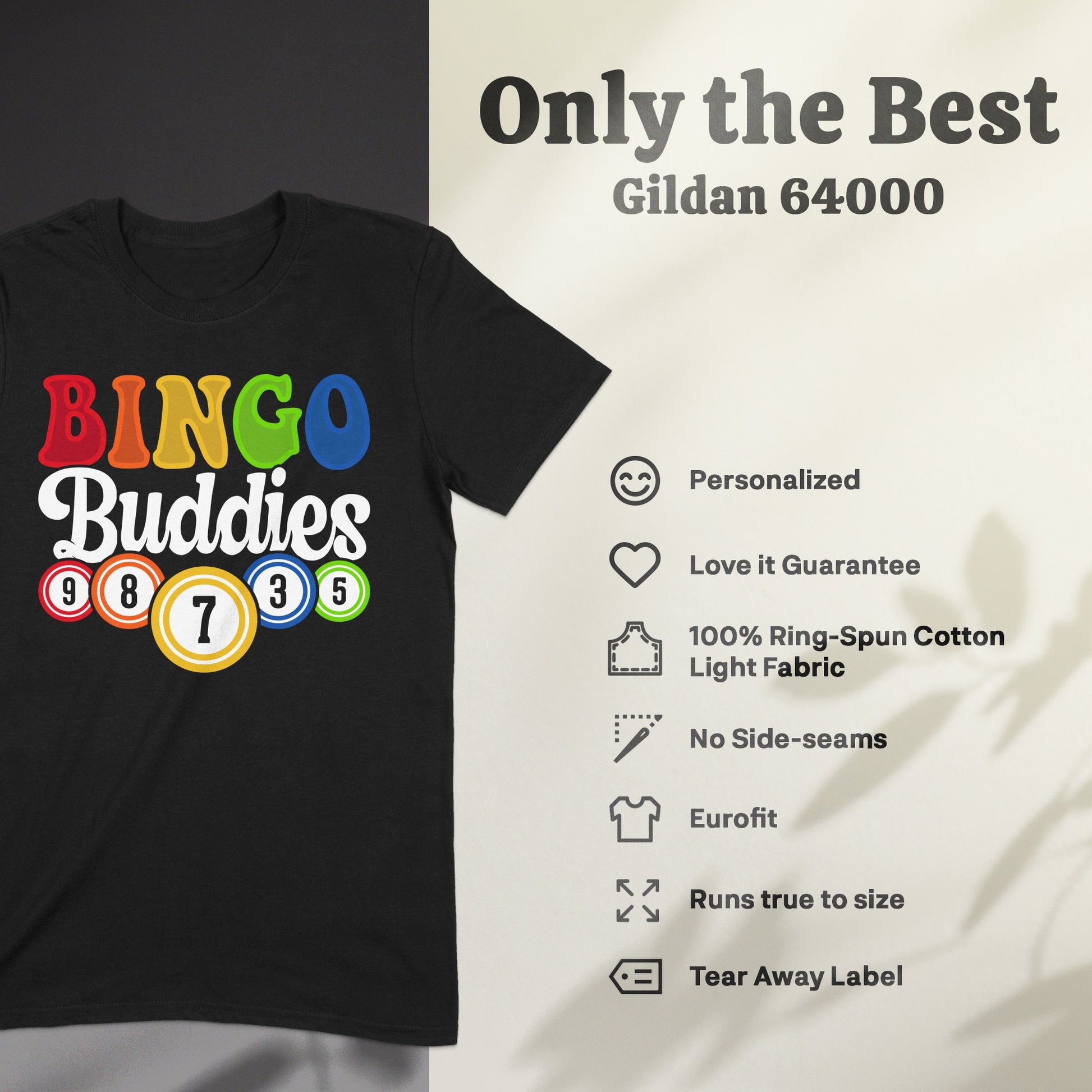 Black t-shirt with "BINGO Buddies" and colorful bingo balls.