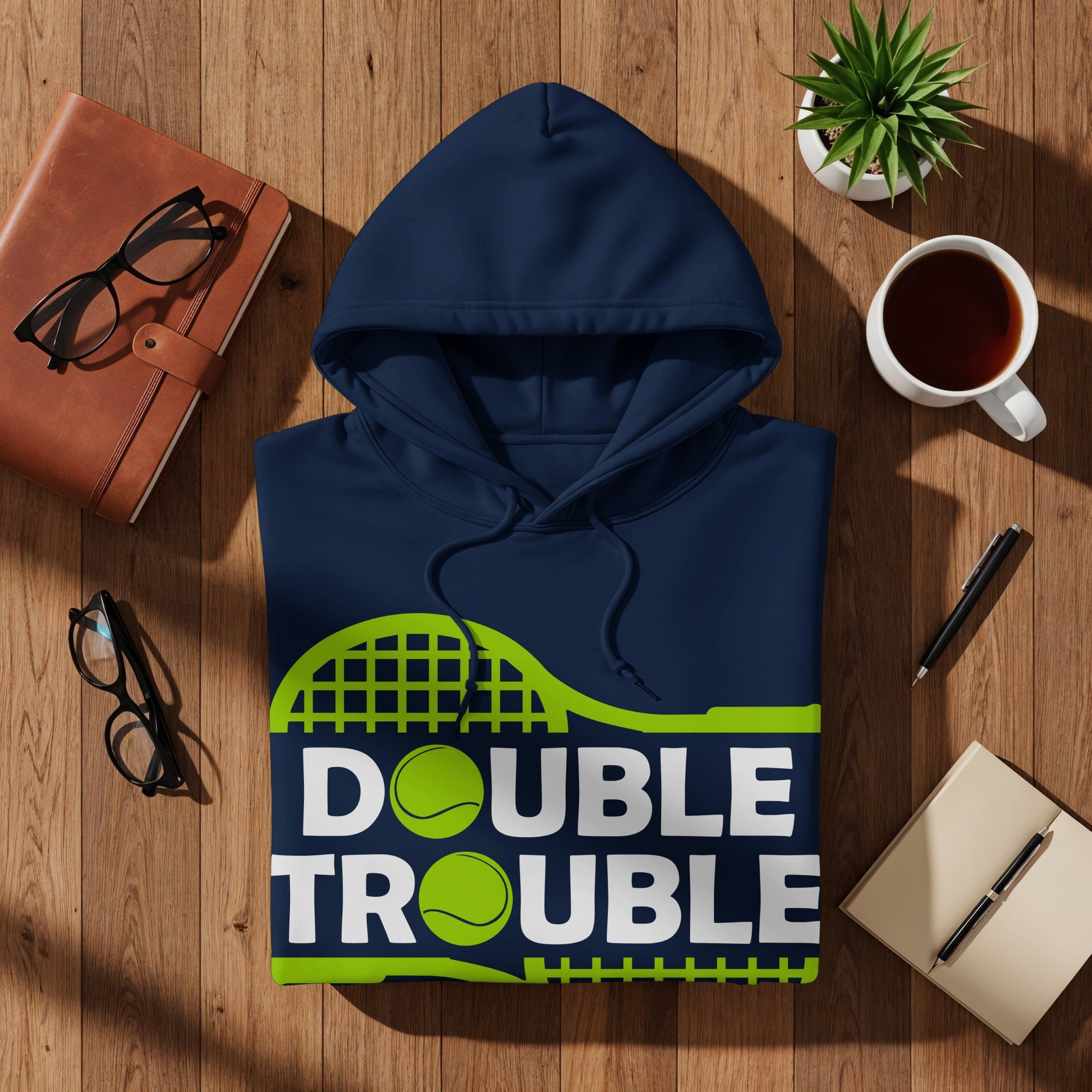 Navy hoodie with "DOUBLE TROUBLE" and tennis graphics.