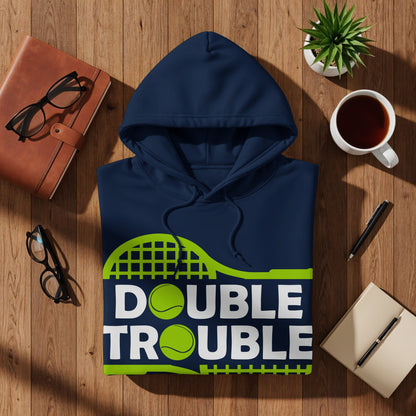 Navy hoodie with "DOUBLE TROUBLE" and tennis graphics.