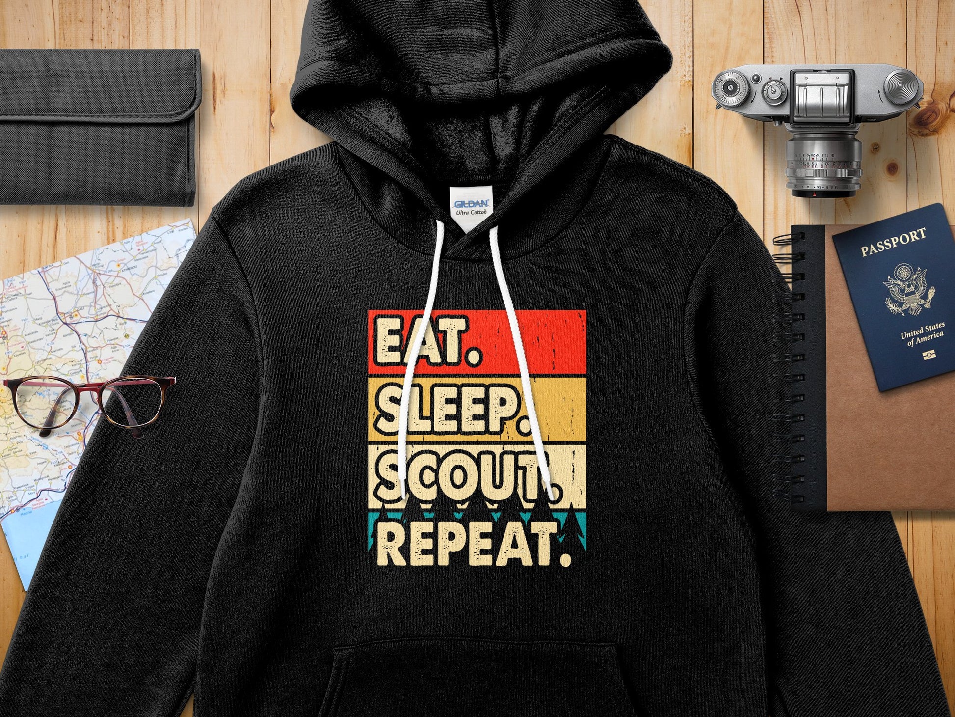 Black Gildan hoodie with "Eat. Sleep. Scout. Repeat." text.