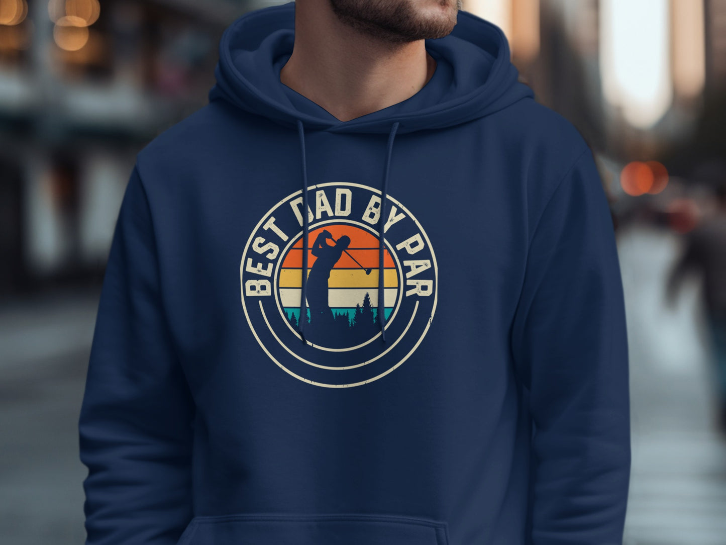 Navy hoodie with "Best Dad by Par" text and golf graphic.